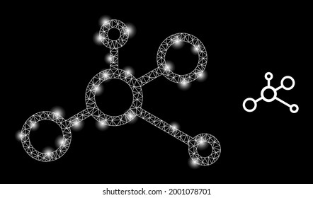 Conectividad vectorial de malla brillante. Malla blanca, puntos de brillo en un fondo negro con un icono de conectividad. Los elementos de malla y resplandor se colocan en diferentes capas.