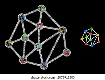 Bright mesh vector constellation links with glare effect. White mesh, bright spots on a black background with mesh links icon. Mesh and glowing elements are placed on different layers.