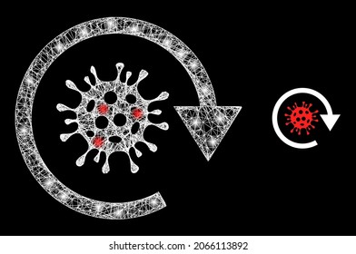 Bright Mesh Vector Covid Virus Update With Glare Effect. White Mesh, Bright Spots On A Black Background With Covid Virus Update Icon. Mesh And Lightspot Elements Are Placed On Different Layers.