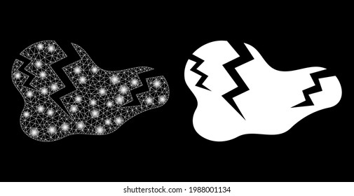 Bright mesh vector crack with glare effect. White mesh, flash spots on a black background with crack icon. Mesh and glare elements are placed on different layers.