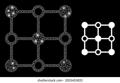Nodos de malla nectorial de malla brillante con efecto de resplandor. Malla blanca, puntos de brillo en un fondo negro con un icono de nodos de rejilla de cristal. La malla y los elementos brillantes se colocan en diferentes capas.