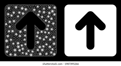 Bright mesh vector up cursor with glare effect. White mesh, glare spots on a black background with up cursor icon. Mesh and glare elements are placed on different layers.