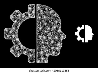 Bright mesh vector cyborg head with glare effect. White mesh, glare spots on a black background with cyborg head icon. Mesh and glare elements are placed on different layers.