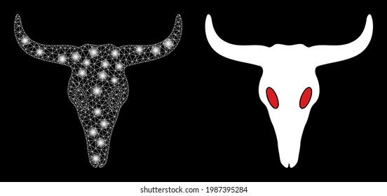 Bright mesh vector dead bull head with glare effect. White mesh, flash spots on a black background with dead bull head icon. Mesh and glowing elements are placed on different layers.