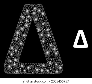 Bright mesh vector Delta Greek symbol with glare effect. White mesh, flash spots on a black background with Delta Greek symbol icon. Mesh and glare elements are placed on different layers.