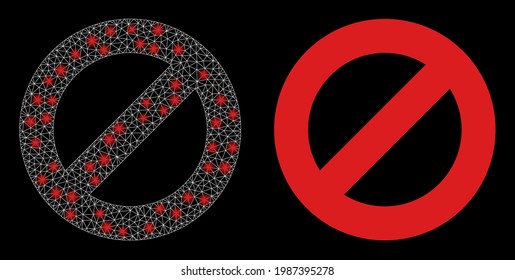 Denegación del vector de malla brillante con efecto de resplandor. Malla blanca, puntos de resplandor en un fondo negro con icono de negación. Los elementos de malla y resplandor se colocan en diferentes capas.