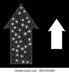 Bright mesh vector up direction with glare effect. White mesh, glare spots on a black background with up direction icon. Mesh and glowing elements are placed on different layers.