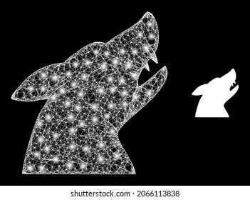 Bright mesh vector dog head with glare effect. White mesh, glare spots on a black background with dog head icon. Mesh and glare elements are placed on different layers.