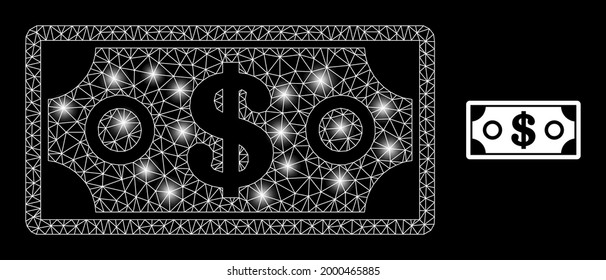 Bright mesh vector dollar banknote with glare effect. White mesh, glare spots on a black background with dollar banknote icon. Mesh and glare elements are placed on different layers.