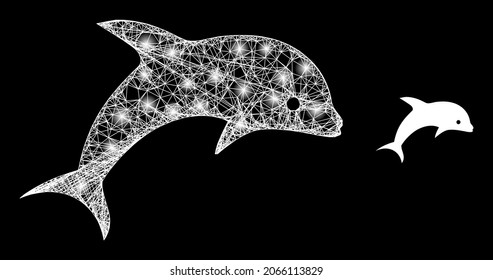 Bright mesh vector dolphin with glow effect. White mesh, bright spots on a black background with dolphin icon. Mesh and glare elements are placed on different layers.