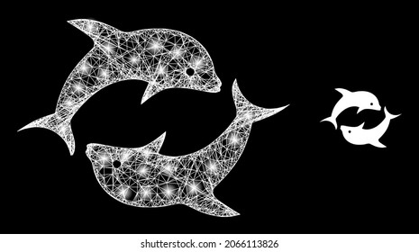 Bright mesh vector dolphin pair with glare effect. White mesh, light spots on a black background with dolphin pair icon. Mesh and glare elements are placed on different layers.