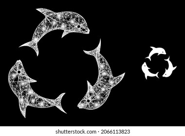 Trío de delfín vectorial de malla brillante con efecto de resplandor. Malla blanca, manchas brillantes sobre un fondo negro con un icono del trío de delfines. Los elementos de malla y resplandor se colocan en diferentes capas.