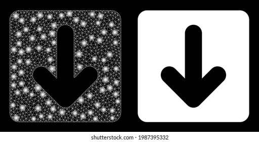 Bright mesh vector down cursor with glare effect. White mesh, bright spots on a black background with down cursor icon. Mesh and glowing elements are placed on different layers.