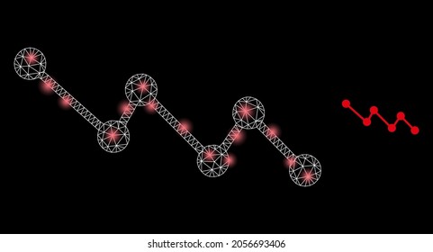 Bright Mesh Vector Down Trend With Glare Effect. White Mesh, Bright Spots On A Black Background With Down Trend Icon. Mesh And Glare Elements Are Placed On Different Layers.