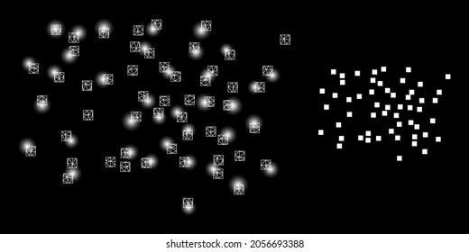 Bright Mesh Vector Dust Particles With Glare Effect. White Mesh, Glare Spots On A Black Background With Dust Particles Icon. Mesh And Glowing Elements Are Placed On Different Layers.