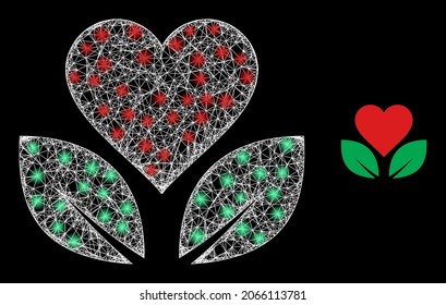 Bright mesh vector eco life with glare effect. White mesh, glare spots on a black background with eco life icon. Mesh and glowing elements are placed on different layers.