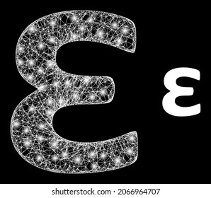 Bright mesh vector Epsilon Greek lowercase symbol with glow effect. White mesh, bright spots on a black background with Epsilon Greek lowercase symbol icon.