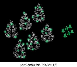 Bright mesh vector farm field with glare effect. White mesh, bright spots on a black background with farm field icon. Mesh and lightspot elements are placed on different layers.