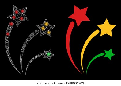 Bright mesh vector festival sparks with glow effect. White mesh, glare spots on a black background with festival sparks icon. Mesh and glare elements are placed on different layers.