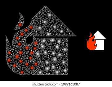 Bright mesh vector fired house with glare effect. White mesh, light spots on a black background with fired house icon. Mesh and glare elements are placed on different layers.