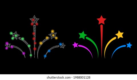 Helle, maschige Vektorgrafik-Feuerwerke mit glänzendem Effekt. Weiße Maschen, helle Flecken auf schwarzem Hintergrund mit Feuerwerk-Symbol. Mesh- und Lichtpunktelemente werden auf verschiedene Ebenen platziert.