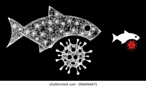 Bright mesh vector fish flu virus with glare effect. White mesh, bright spots on a black background with fish flu virus icon. Mesh and lightspot elements are placed on different layers.