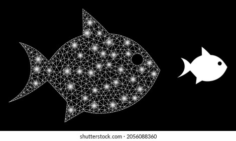 Bright mesh vector fish with glare effect. White mesh, glare spots on a black background with fish icon. Mesh and glare elements are placed on different layers.