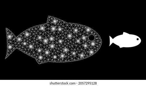 Bright mesh vector fish with glare effect. White mesh, flash spots on a black background with fish icon. Mesh and glowing elements are placed on different layers.