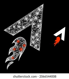 Helle, maschige, Vektorfliegerrakete mit glattem Effekt. Weiße Masche, Flammpunkte auf schwarzem Hintergrund mit fliegendem Raketensymbol. Mesh- und Glanzelemente werden auf verschiedene Ebenen platziert.