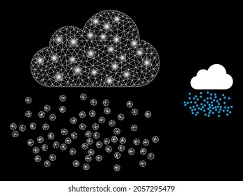 Bright mesh vector fog cloud with glare effect. White mesh, light spots on a black background with fog cloud icon. Mesh and glare elements are placed on different layers.