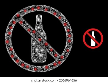 Bright mesh vector forbidden beer with glare effect. White mesh, glare spots on a black background with forbidden beer icon. Mesh and lightspot elements are placed on different layers.