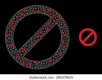 Vector de malla brillante prohibido con efecto de resplandor. Malla blanca, puntos brillantes sobre un fondo negro con un icono prohibido. Los elementos de malla y resplandor se colocan en diferentes capas.
