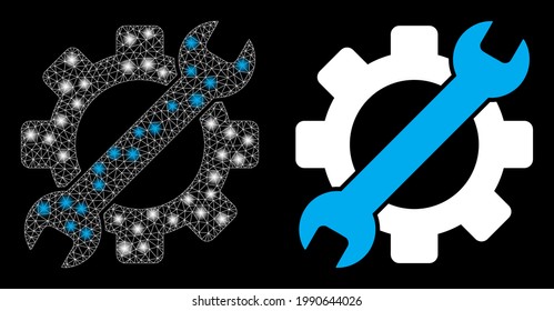 Bright mesh vector gear tools with glare effect. White mesh, glare spots on a black background with gear tools icon. Mesh and glare elements are placed on different layers.