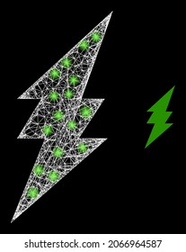 Bright mesh vector green electricity with glare effect. White mesh, bright spots on a black background with green electricity icon. Mesh and glare elements are placed on different layers.