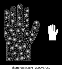 Bright mesh vector hand with glare effect. White mesh, bright spots on a black background with hand icon. Mesh and lightspot elements are placed on different layers.