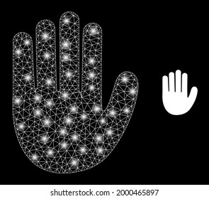 Bright mesh vector hand palm with glow effect. White mesh, light spots on a black background with hand palm icon. Mesh and glowing elements are placed on different layers.
