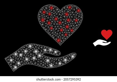 Bright mesh vector heart donation with glare effect. White mesh, bright spots on a black background with heart donation icon. Mesh and glare elements are placed on different layers.