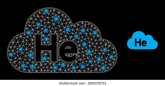 Gases de helio vectorial de malla brillante con efecto de resplandor. Malla blanca, manchas relámpago sobre un fondo negro con un icono de gas helio. Los elementos de malla y resplandor se colocan en diferentes capas.
