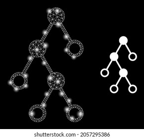 Bright mesh vector hierarchy nodes with glare effect. White mesh, light spots on a black background with hierarchy nodes icon. Mesh and glare elements are placed on different layers.