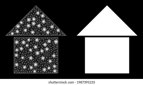 Casa vectorial de malla brillante con efecto de resplandor. Malla blanca, manchas de luz sobre un fondo negro con el icono de la casa. Los elementos de malla y resplandor se colocan en diferentes capas.