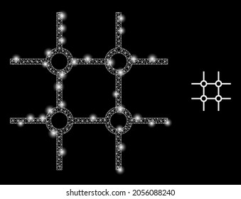 Cuadrícula cuadrada de vector de malla brillante incompleta con efecto de resplandor. Malla blanca, puntos de brillo en un fondo negro con un icono de cuadrícula cuadrada incompleto. La malla y los elementos brillantes se colocan en diferentes capas.