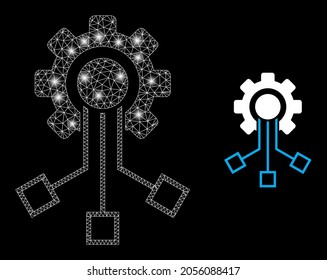 Bright mesh vector IoT component with glare effect. White mesh, glare spots on a black background with IoT component icon. Mesh and lightspot elements are placed on different layers.