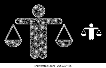 Jugador vectorial de malla brillante comparado con el efecto de resplandor. Malla blanca, puntos brillantes sobre un fondo negro con icono de comparación de juez. Los elementos de malla y resplandor se colocan en diferentes capas.