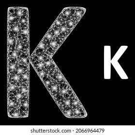 Bright mesh vector Kappa Greek symbol with glare effect. White mesh, glare spots on a black background with Kappa Greek symbol icon. Mesh and glare elements are placed on different layers.