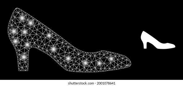 Bright mesh vector lady shoe with glow effect. White mesh, bright spots on a black background with lady shoe icon. Mesh and lightspot elements are placed on different layers.