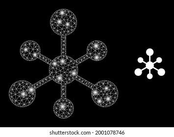 Bright mesh vector linked hub with glare effect. White mesh, bright spots on a black background with linked hub icon. Mesh and glowing elements are placed on different layers.