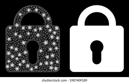Bright mesh vector lock with glare effect. White mesh, glare spots on a black background with lock icon. Mesh and glare elements are placed on different layers.