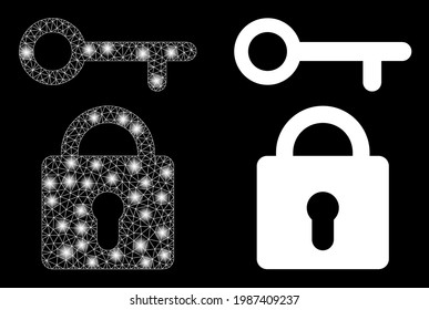 Bright mesh vector lock key with glow effect. White mesh, glare spots on a black background with lock key icon. Mesh and glare elements are placed on different layers.