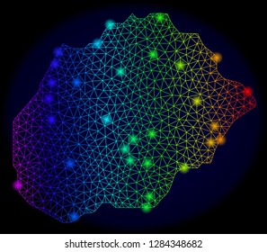 Bright mesh vector map of Alegranza Island with glare effect. Light spots have bright spectrum colors. Abstract lines, triangles, light spots on a dark background with map of Alegranza Island.