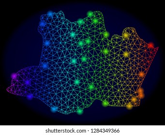 Bright mesh vector map of Amazonas State with glare effect. Light spots have bright rainbow colors. Abstract lines, triangles, light spots on a dark background with map of Amazonas State.